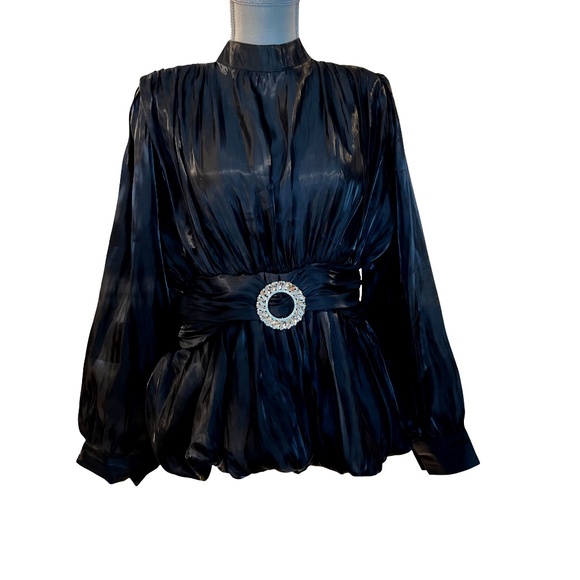 Item # A219  Nancy  80s Revival  Black Satin  Blouse  Crystal Buckle  Bow NWT  M - Picture 1 of 9